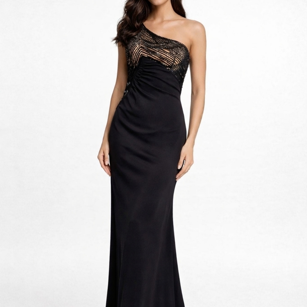 La Perla Vintage black beaded & sequined top one shoulder wrap maxi dress s 42/8
